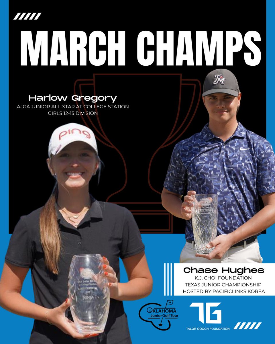 Congrats to our Oklahoma junior champs this month, Harlow Gregory and Chase Hughes. Harlow won her 1st AJGA title at the 2025 AJGA Junior All Star at College Station 👏 Chase Hughes of Oklahoma City won the boys division of the K.J. Choi Invitational to pick up his 2nd AJGA win💪