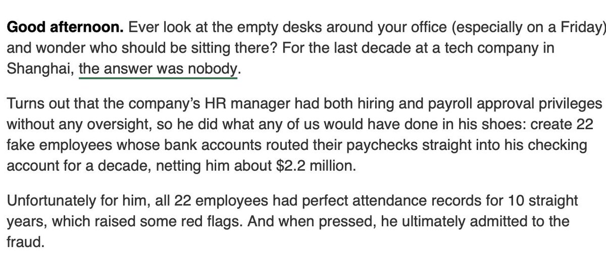Aadeshh02's tweet photo. Some guy in HR created 22 fake employees.

Had them on payroll for 10 years.
Perfect attendance. No one noticed.

Until someone said: “Wait, why are all these people too perfect?”

$2.2M later, the scam was up.

#CorporateScam #PayrollFraud #WorkCulture #TechDrama #ScammerEnergy https://t.co/faFe5GZ9oy