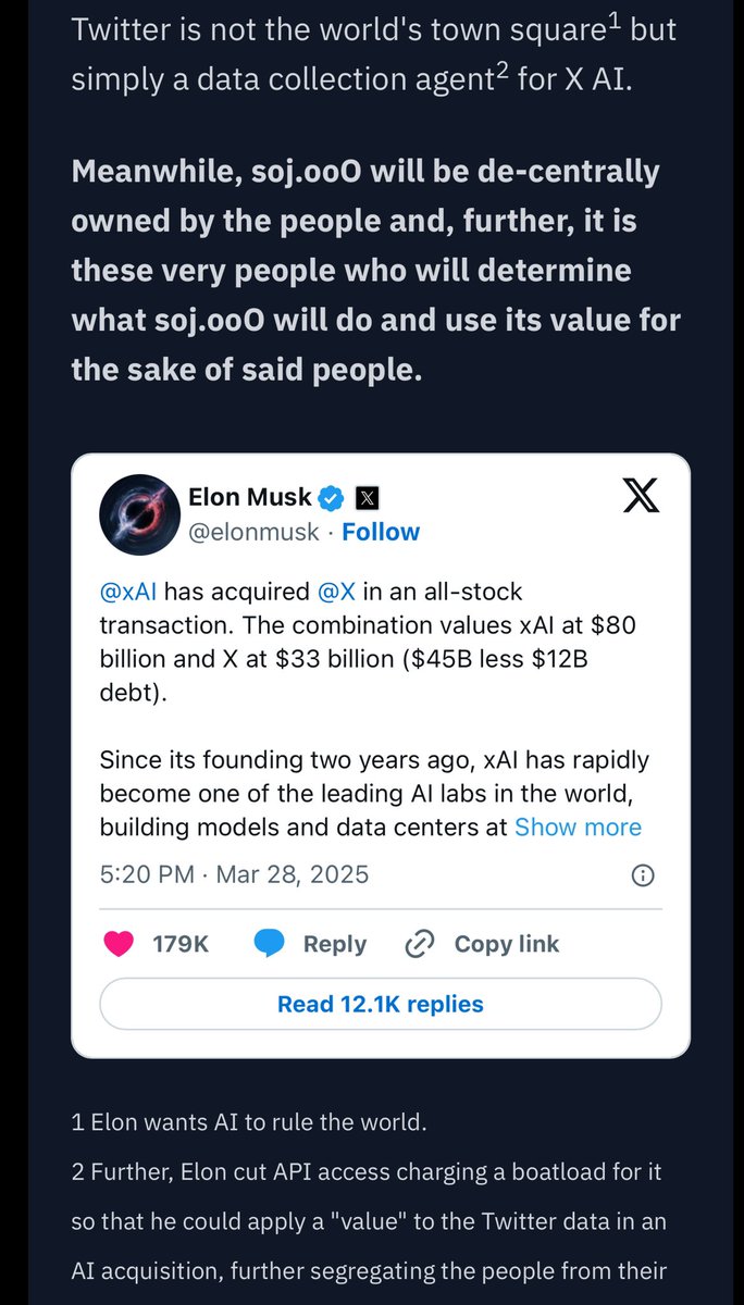 “X, the site formerly known as Twitter, was acquired by X AI, which means that the compass for X is now dictated by what is best for its AI, not its users.”

soj.ooo/p/sojooo/post/…