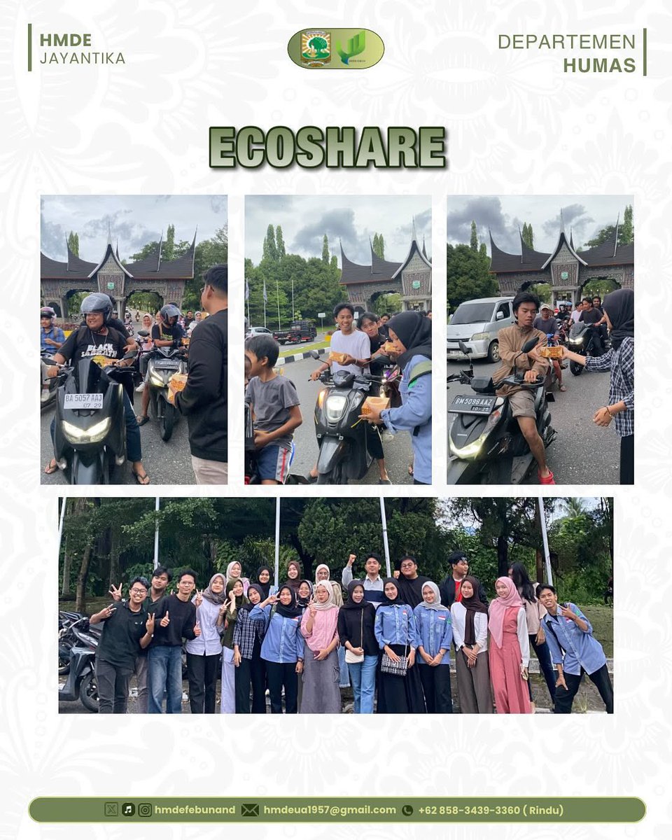 [ECOSHARE 2025]

Alhamdulillah Telah berlangsung pembagian ecoshare berupa takjil yang di adakan di gerbang universitas andalas 

Hari/tanggal: kamis, 20 maret 2025
