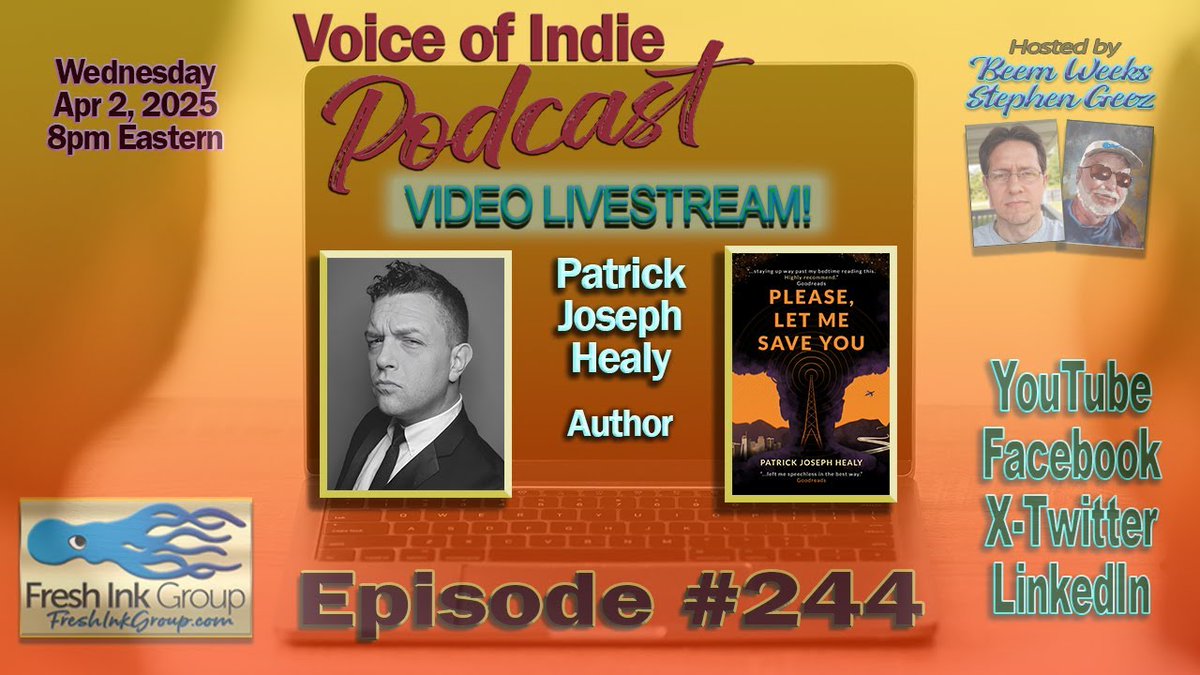 Stephanie Collins (@w_angels_wings) on Twitter photo Patrick Joseph Healy VOICE OF INDIE #Podcast <a href="/FreshInkGroup/">Fresh Ink Group</a> hosts <a href="/StephenGeez/">StephenGeez.com</a> <a href="/BeemWeeks/">Beem Weeks</a> April 2, 2025, 8PM EST
LINK: youtube.com/watch?v=cLDPI2…
#indieauthor #author #writer #book #bestselling #book #writing #mustread #bookboost #BookLovers #books #ASMSG #IARTG <a href="/VoiceOfIndie/">Voice Of Indie</a> Patrick Joseph Healy VOICE OF INDIE #Podcast <a href="/FreshInkGroup/">Fresh Ink Group</a> hosts <a href="/StephenGeez/">StephenGeez.com</a> <a href="/BeemWeeks/">Beem Weeks</a> April 2, 2025, 8PM EST
LINK: youtube.com/watch?v=cLDPI2…
#indieauthor #author #writer #book #bestselling #book #writing #mustread #bookboost #BookLovers #books #ASMSG #IARTG <a href="/VoiceOfIndie/">Voice Of Indie</a>