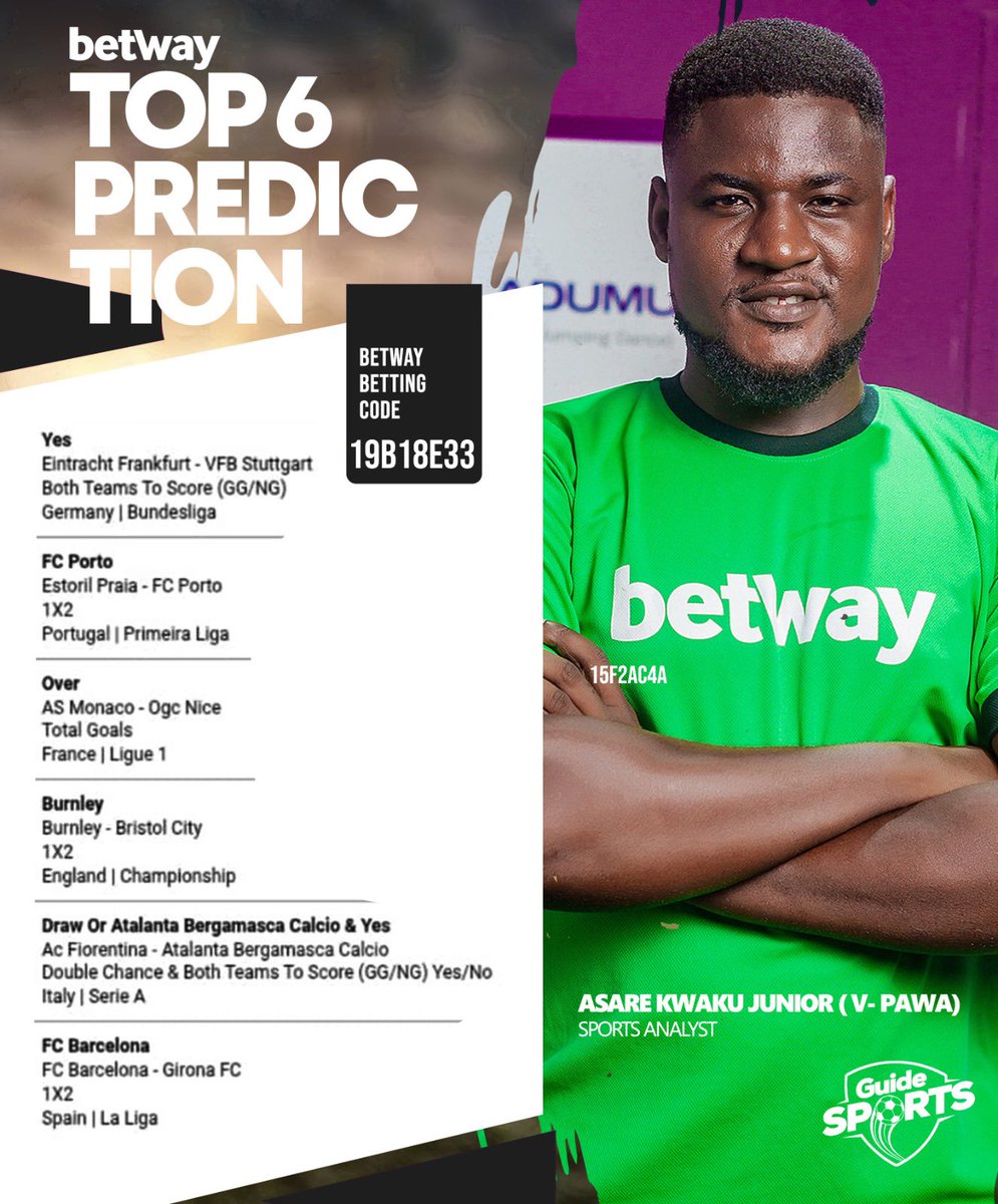 Guide Sports (@_guidesports) on Twitter photo 🚨🎰 Top 6 <a href="/betway_gh/">Betway Ghana</a> predictions for the weekend from <a href="/FelixRomark/">Felix Romark</a> and <a href="/KwakuVpawa/">Asare Kwaku Vpawa Junior</a> 📝⚽️
🔋Powered by <a href="/betway_gh/">Betway Ghana</a> ⚽️
#GuideSports #DGNSportsLive #Sports #GPL #EPL #LaLiga #SerieA #Ligue1UberEats 🚨🎰 Top 6 <a href="/betway_gh/">Betway Ghana</a> predictions for the weekend from <a href="/FelixRomark/">Felix Romark</a> and <a href="/KwakuVpawa/">Asare Kwaku Vpawa Junior</a> 📝⚽️
🔋Powered by <a href="/betway_gh/">Betway Ghana</a> ⚽️
#GuideSports #DGNSportsLive #Sports #GPL #EPL #LaLiga #SerieA #Ligue1UberEats