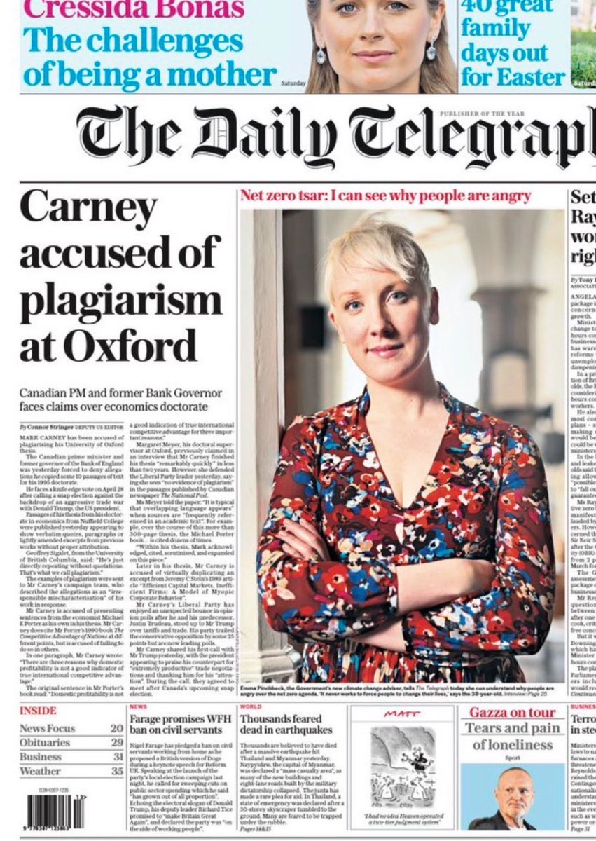 AndrewScheer's tweet image. Front page of one of the biggest London newspapers writes about how Carney plagiarized his way through university and, other than one outlet, Canadian media cover it up.