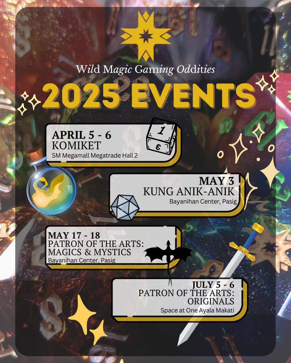 WildMagicPH's tweet image. ✨ Hello, Adventurers! ✨ We're back for 2025 and thrilled to share our event lineup! We've been busy conjuring up new dice for all your D&amp;amp;D and TTRPG journeys! We can't wait to see you there! 😊

.
#dnd #dungeonsanddragons #dice #komiket