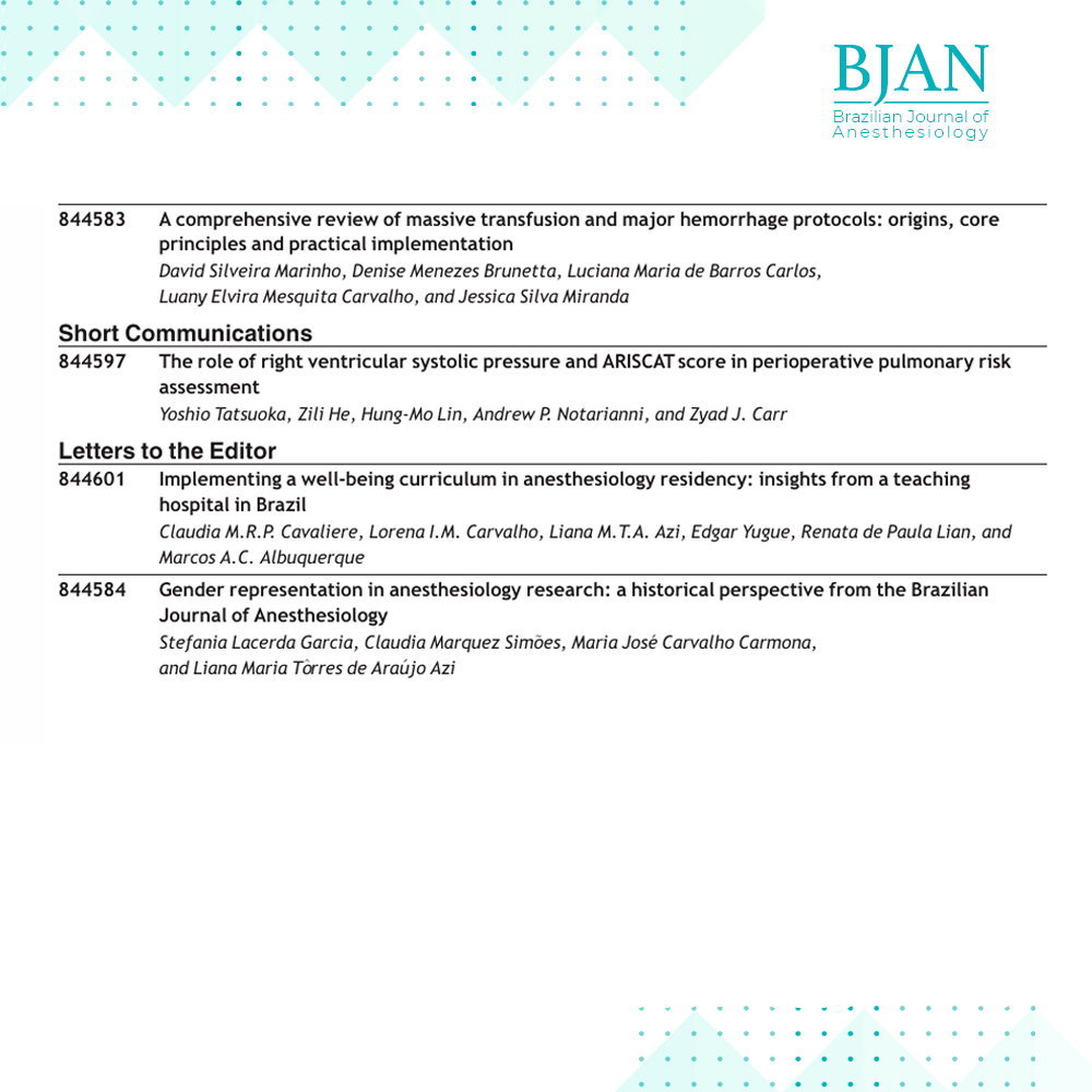 📚✨Check out BJAN's 75-2 summary!
Read in full our issue on “Perioperative journey: Are we making the right questions?”
Open access: bjan-sba.org/current

#joinBJAN #citeBJAN #SBA #anestesiologia #anestesia #anesthesiology #surgery #risk #perioperativecare