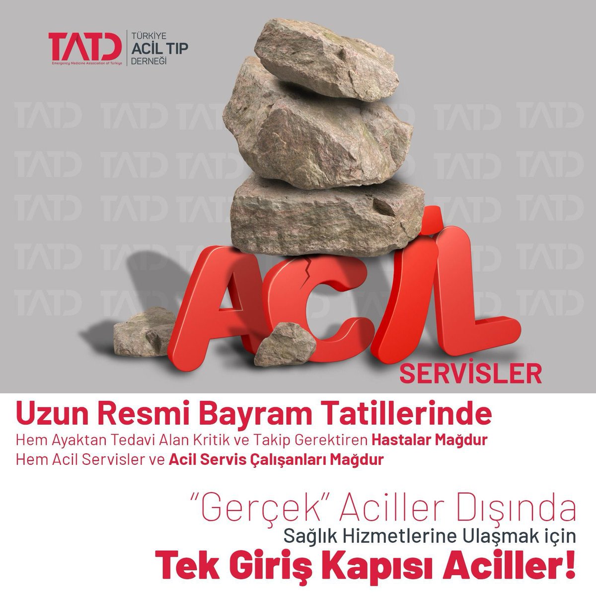 Uzun resmi bayram tatillerinde;
🔺Hem ayaktan tedavi alan kritik ve takip gerektiren hastalar mağdur,
🔺Hem acil servisler ve acil servis çalışanları mağdur.

“Gerçek” aciller dışında sağlık hizmetlerine ulaşmak için tek giriş kapısı aciller! 

#AcilServislerOlmasaydı