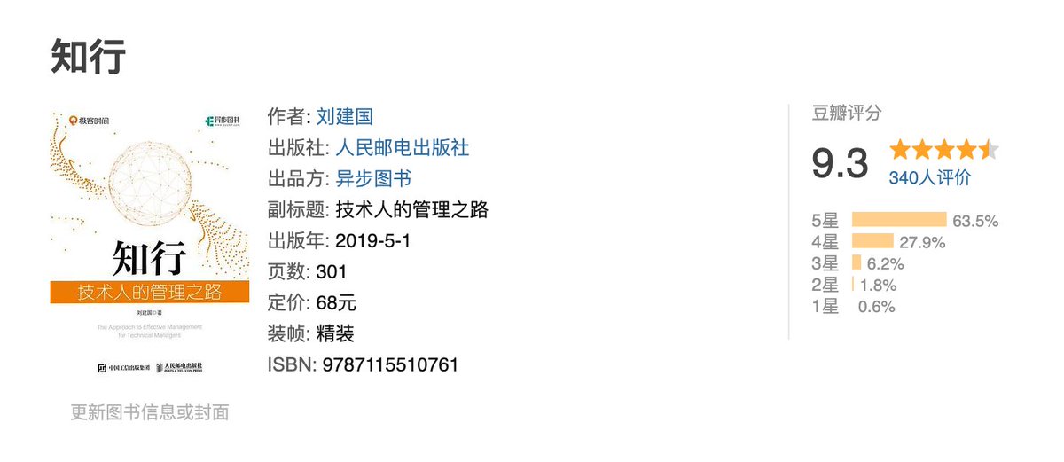很多优秀的程序员刚被提拔做技术管理的时候，可能会有些不知所错，手忙脚乱，甚至迷茫退缩。根本原因是对技术管理缺少一些认知，不知道怎么带团队，怀疑自己是否适合带团队。

刘建国老师的这本《知行》提供了一个非常清晰的技术管理框架，非常适合新手技术管理者阅读。

PS：微信读书有资源。
