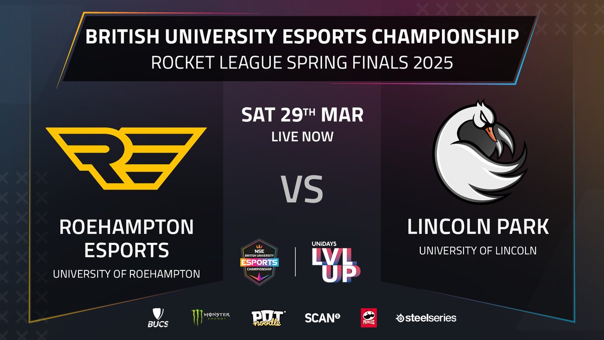 National Student Esports (@nse_gg) on Twitter photo Our #BUECSpring2025 finals are LIVE! Our first set of finals is #RocketLeague. Who will be our first champs?
⚔️ <a href="/EsportsRoe/">Roehampton Esports</a> vs <a href="/lincolnesports/">Lincoln Esports</a>
🎙️Casting this series, <a href="/OrionCasts/">𝓞𝓻𝓲𝓸𝓷</a> and <a href="/leccyspec/">leccyspec | Alec</a> with <a href="/ThatDamnBailey/">SB</a> hosting
📺 Watch here twitch.tv/nse_gg Our #BUECSpring2025 finals are LIVE! Our first set of finals is #RocketLeague. Who will be our first champs?
⚔️ <a href="/EsportsRoe/">Roehampton Esports</a> vs <a href="/lincolnesports/">Lincoln Esports</a>
🎙️Casting this series, <a href="/OrionCasts/">𝓞𝓻𝓲𝓸𝓷</a> and <a href="/leccyspec/">leccyspec | Alec</a> with <a href="/ThatDamnBailey/">SB</a> hosting
📺 Watch here twitch.tv/nse_gg