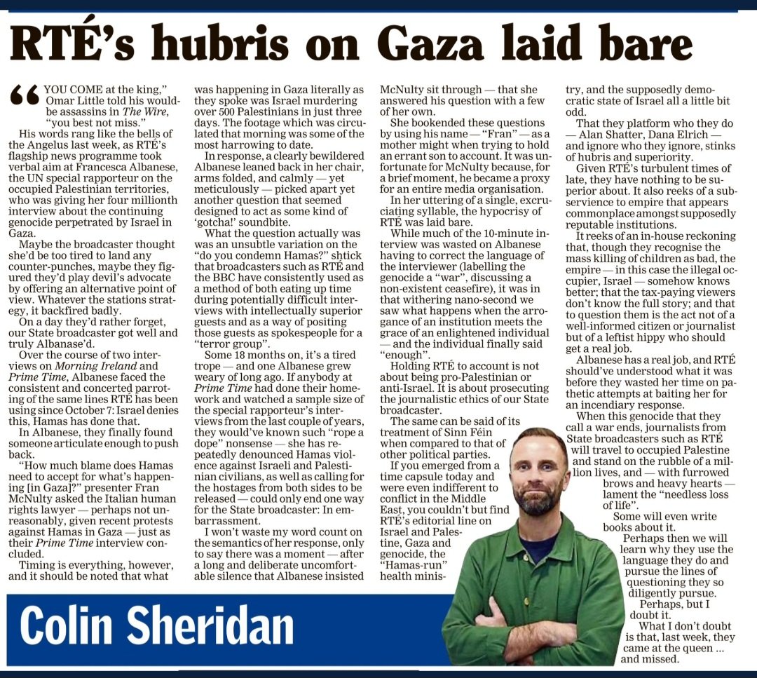 RTÉs treatment of Francesca Albanese reeked of a subservience to empire both they &amp; BBC seem wedded to. This notion they know better. That the rest of us are hippy lefties who need real jobs. Well, <a href="/FranceskAlbs/">Francesca Albanese, UN Special Rapporteur oPt</a> has a real job. They won't forget her in a hurry. In <a href="/irishexaminer/">Irish Examiner</a>