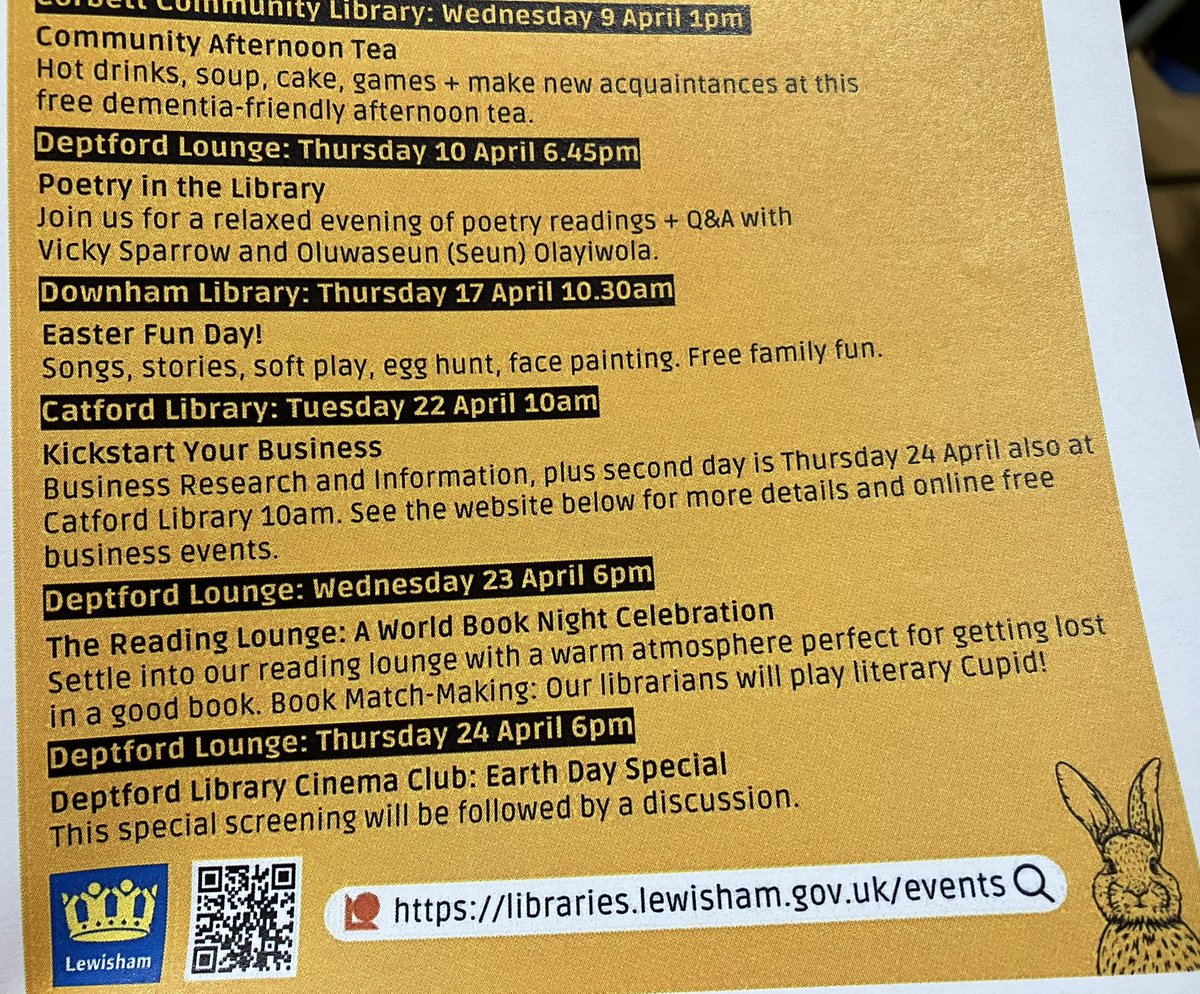 FREE - yes, free - events at #Lewisham Libraries in April.

Events include a Community Afternoon Tea at our place on Wed 9 April from 1pm.

Hot drinks, soup, cake, games and a great chance to chat, relax, meet new faces + #DementiaFriendly

For more see libraries.Lewisham.gov.uk/events