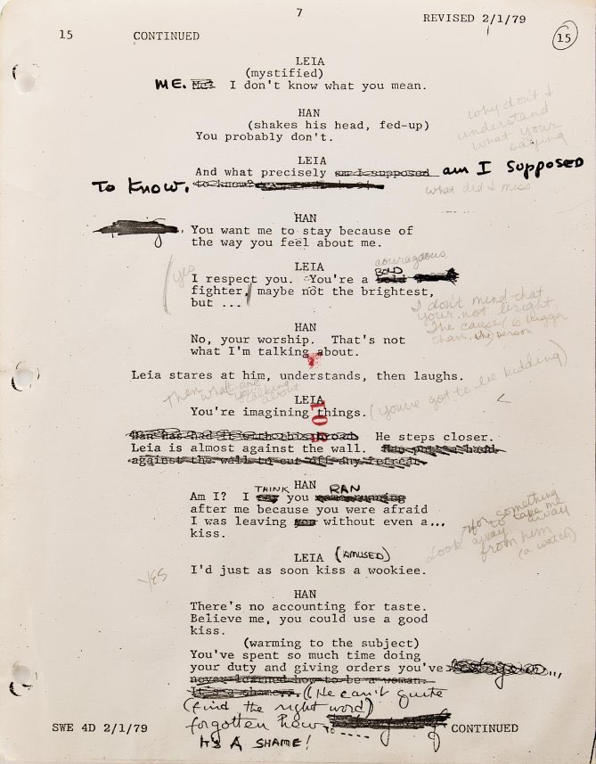 TheCinesthetic's tweet photo. Carrie Fisher's handwritten rewrites to Star Wars: Empire Strikes Back. https://t.co/lp2SuzEx3f