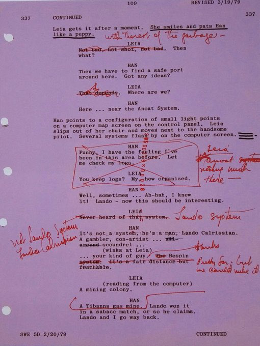 TheCinesthetic's tweet photo. Carrie Fisher's handwritten rewrites to Star Wars: Empire Strikes Back. https://t.co/lp2SuzEx3f