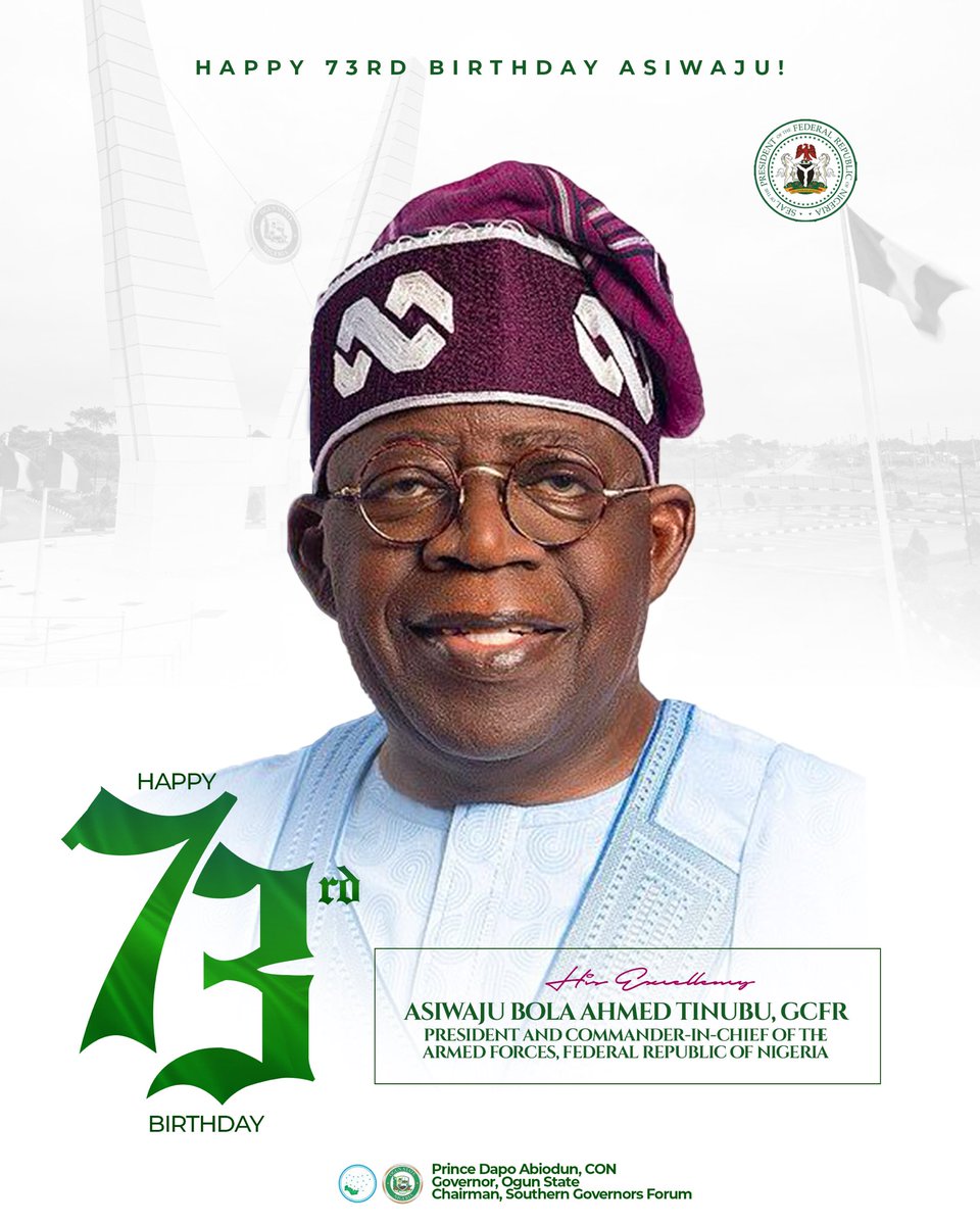 DapoAbiodunCON's tweet photo. On behalf of my colleagues in the Southern Governors’ Forum, I extend our heartfelt congratulations to a true patriot, statesman, and transformational leader, President @officialABAT, GCFR, on the occasion of your 73rd birthday.

Your unwavering commitment to nation-building, progressive governance, and democratic ideals has been a guiding light for our country. As a visionary leader, your relentless pursuit of economic growth, infrastructural development, and national unity continues to shape the future of Nigeria for the better.

As a Forum, we deeply appreciate your dedication to federalism, good governance, and the economic advancement of all regions. Your leadership, wisdom, and courage have remained instrumental in strengthening our democracy and ensuring that Nigeria remains on the path of growth, stability, and prosperity.

On this special day, we pray for good health, divine wisdom, and renewed strength as you continue to steer our great nation toward greater heights.

Congratulations, Mr. President!