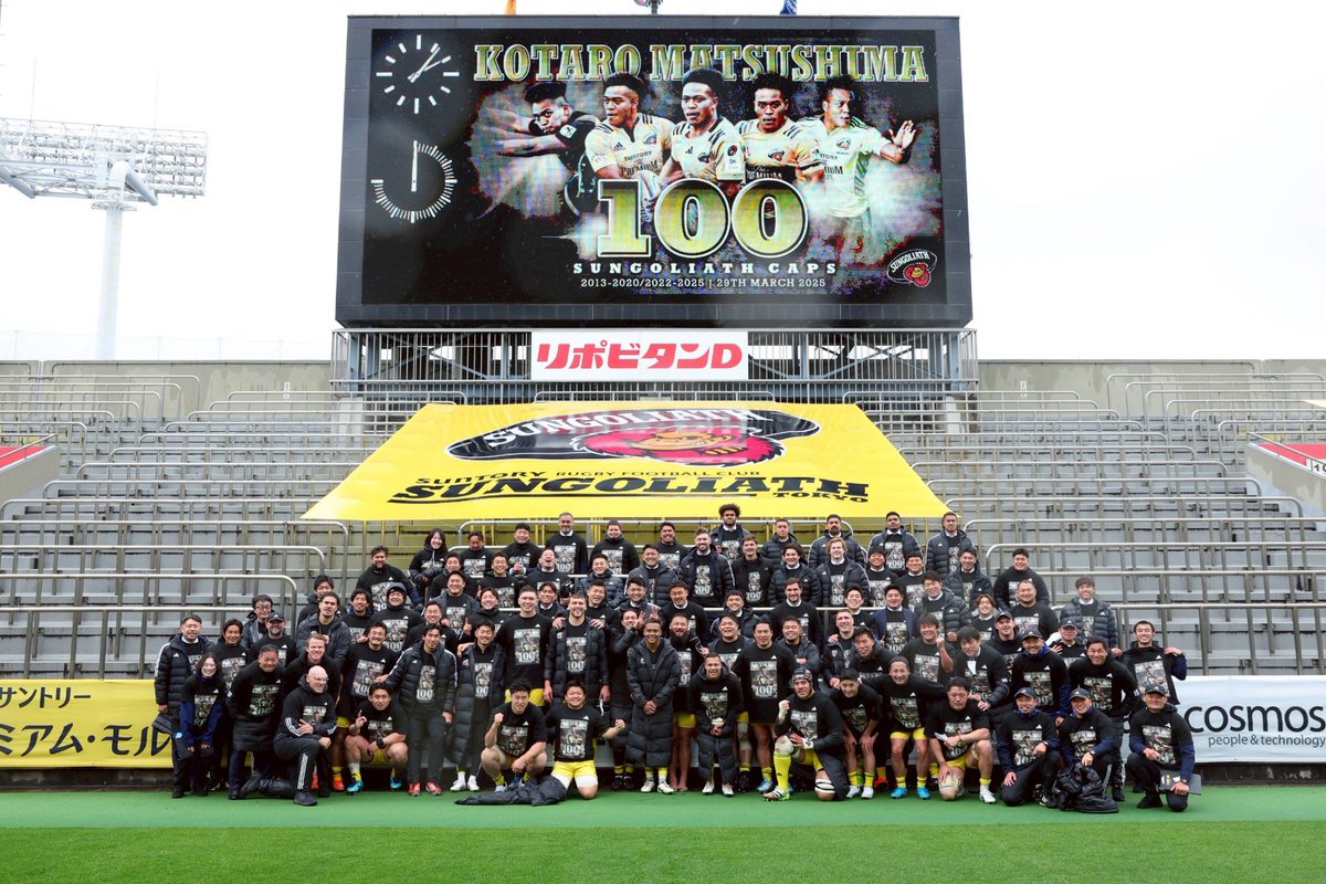 sungoliath's tweet photo. 3月29日(土)に行われたNTT JAPAN RUGBYLEAGUEONE2024-25第13節において、松島幸太朗選手がサンゴリアスでの公式戦出場100キャップ目を迎えました!
㊗️
これからもたくさんのご声援よろしくお願いします!💛
#松島幸太朗
#100キャップ https://t.co/y9H1LeIJqY