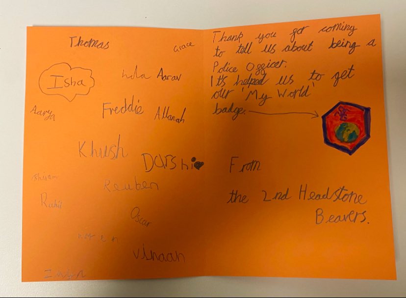 We visited North #Harrow Methodist Church to speak to the 2nd Headstone Beavers <a href="/scouts/">Scouts</a> group about stranger danger, road safety, and the importance of being vigilant and caring for others. 

After which we received this lovely card and a chocolate lollipop each. 🤤

#MyLocalMet