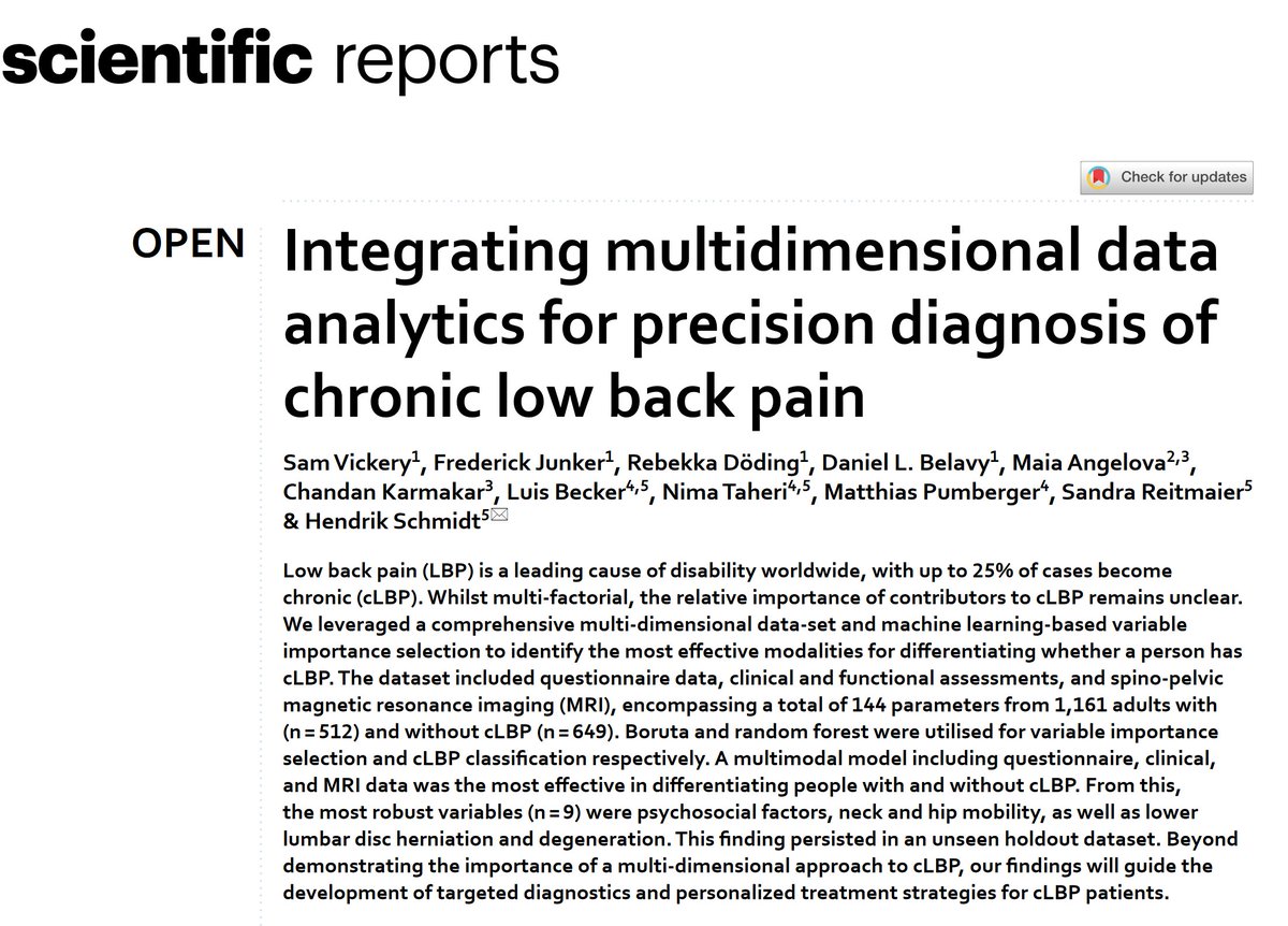Daniel Belavy (@belavyprof) on Twitter photo Great work lead by Dr Sam Vickery
What are the most important variables for diffentiating people with and without #backpain?
We used a multidimensional dataset and #ai models in collaboration with <a href="/JWI_SpineGroup/">Hendrik Schmidt</a>
Published in <a href="/SciReports/">Scientific Reports</a>
doi.org/10.1038/s41598… Great work lead by Dr Sam Vickery
What are the most important variables for diffentiating people with and without #backpain?
We used a multidimensional dataset and #ai models in collaboration with <a href="/JWI_SpineGroup/">Hendrik Schmidt</a>
Published in <a href="/SciReports/">Scientific Reports</a>
doi.org/10.1038/s41598…