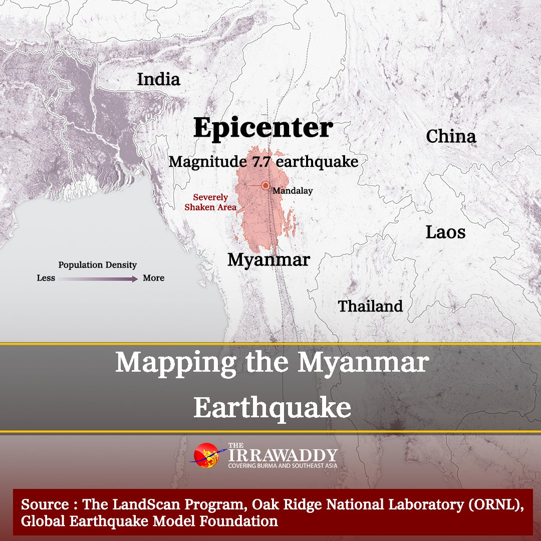 IrrawaddyNews's tweet image. Mapping the Myanmar Earthquake
March 29, 2025

A  devastating 7.7-magnitude earthquake struck central Myanmar on Friday,  claiming over 1,000 lives so far. The US Geological Survey (USGS) warns  the death toll could exceed 10,000.
Check the maps for the epicenter, intensity and…