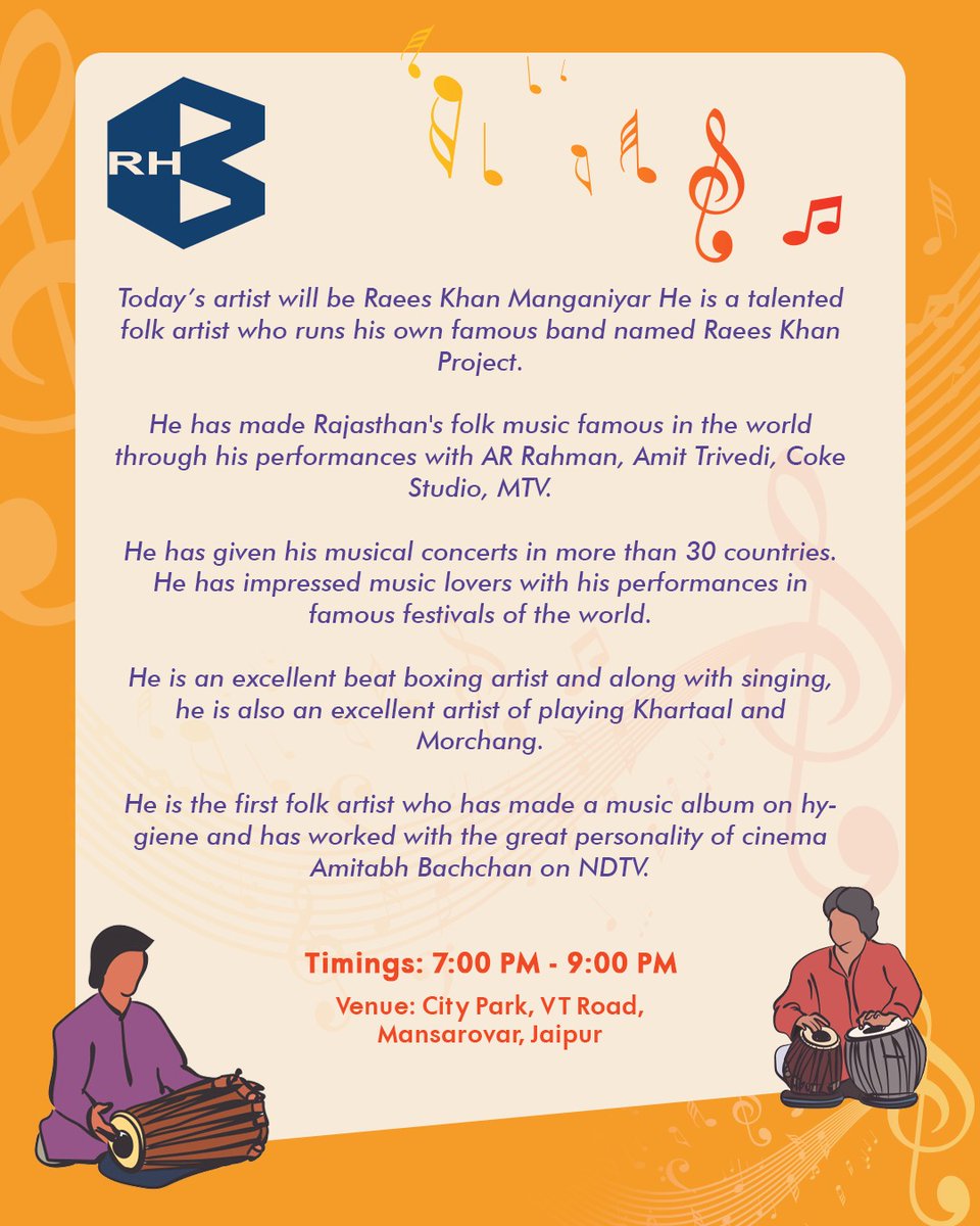 The beats of Rajasthan are calling! 

Experience the power of rhythm and energy as Rajasthan Housing Board presents "Drums &amp; Beats of Rajasthan." 

Join us at City Park, Jaipur from 7 PM onwards for an electrifying evening of music and celebration! 

#RajasthanDay #DrumsAndBeats