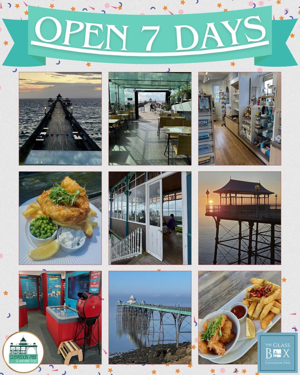 ClevedonPier (@clevedonpierg1) on Twitter photo Big News!🎊
We are absolutely thrilled to announce that #ClevedonPier will be opening 7 days a week!🤩
Starting this Monday (31st March), enjoy visiting us every day of the week, Monday-Sunday!
<a href="/VisitBristol/">Visit Bristol</a> <a href="/VisitSomerset/">Visit Somerset</a> #DiscoverClevedon Big News!🎊
We are absolutely thrilled to announce that #ClevedonPier will be opening 7 days a week!🤩
Starting this Monday (31st March), enjoy visiting us every day of the week, Monday-Sunday!
<a href="/VisitBristol/">Visit Bristol</a> <a href="/VisitSomerset/">Visit Somerset</a> #DiscoverClevedon
