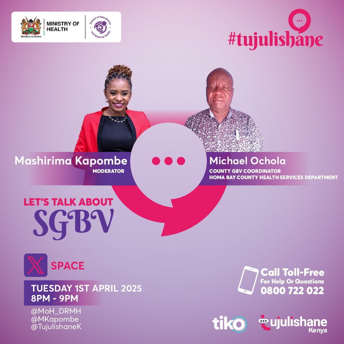 Division of Reproductive & Maternal Health, Kenya (@moh_drmh) on Twitter photo X SPACE ALERT!
Join us this Tuesday, April 1st, 2025, from 8-9 PM for a powerful conversation on SGBV in Kenya.
Host & Moderator: <a href="/MKapombe/">Mashirima Kapombe</a>
Guest Speaker: Michael Ochola, County GBV Coordinator, Homa Bay County Health Services
Topic: LET’S TALK ABOUT SGBV
Where: <a href="/MKapombe/">Mashirima Kapombe</a> on X SPACE ALERT!
Join us this Tuesday, April 1st, 2025, from 8-9 PM for a powerful conversation on SGBV in Kenya.
Host & Moderator: <a href="/MKapombe/">Mashirima Kapombe</a>
Guest Speaker: Michael Ochola, County GBV Coordinator, Homa Bay County Health Services
Topic: LET’S TALK ABOUT SGBV
Where: <a href="/MKapombe/">Mashirima Kapombe</a> on