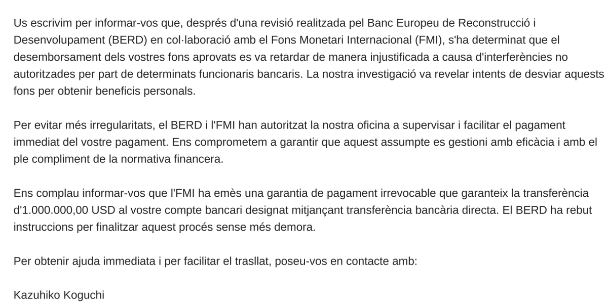 lequim's tweet photo. Avui he rebut la primera estafa nigeriana en català!
La normalització ja arriba als delinqüents… i segur que la IA hi té molt a veure.
Aneu amb compte!
#SpamCatalà #EstafaNigeriana #IA https://t.co/OSoJMrJtuI