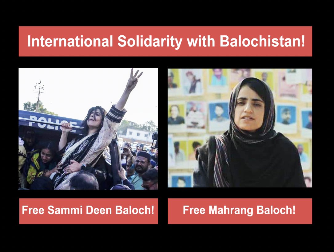 withoutprisons's tweet photo. The Global Prison Abolitionist Coalition stands in full solidarity with the leaders and members of the @BalochYakjehtiC, Including @MahrangBaloch_ &amp; @SammiBaluch who remain in custody and whose safety we are worried about. 

#FreeBalochWomen https://t.co/UQkiA0pAn9