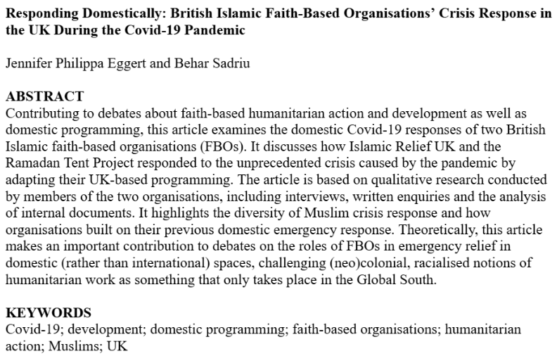 j_p_eggert's tweet image. 5 years after we started working on it, 4 years after first desk reject, 2 years after second, 2 years of peer review later 😵‍💫 so happy (and relieved) Behar Sadriu&apos;s and my article on Islamic organisations&apos; domestic Covid response in the UK has now been accepted by &apos;Disasters&apos; 🥰