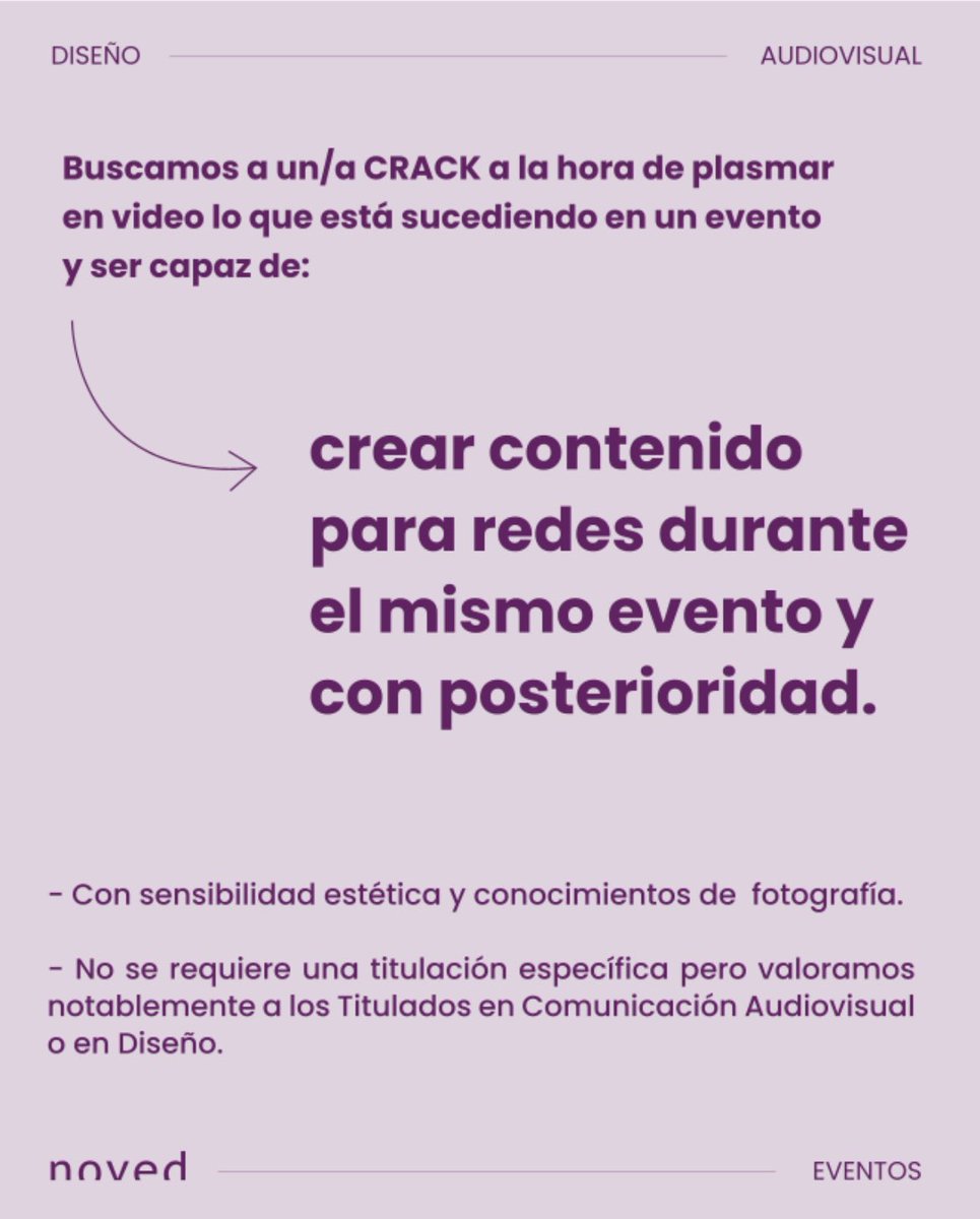 🚀 En Noved Eventos estamos buscando un #CreadordeContenidos (para nuestra #AgenciadeEventos en MURCIA) que sepa sacar todo el jugo a nuestros #eventos
Si eres un apasionado de lo audiovisual y las redes, echa un ojo a este enlace y déjanos ahí tu CV

👉 lnkd.in/disiMZNt