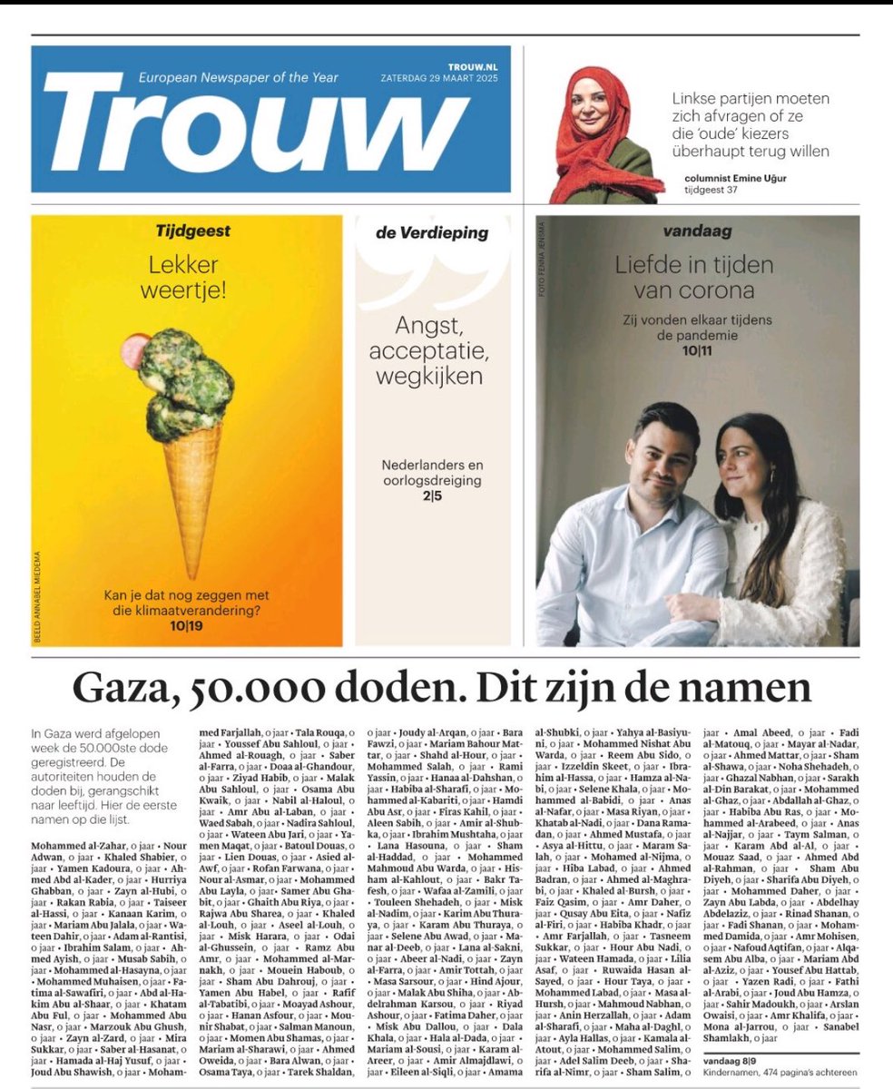 50.000 (vijftigduizend!) doden. Een hele pagina met babynamen, allemaal 0 jaar oud. 

Zelfverdediging, right? #GazaGenocide