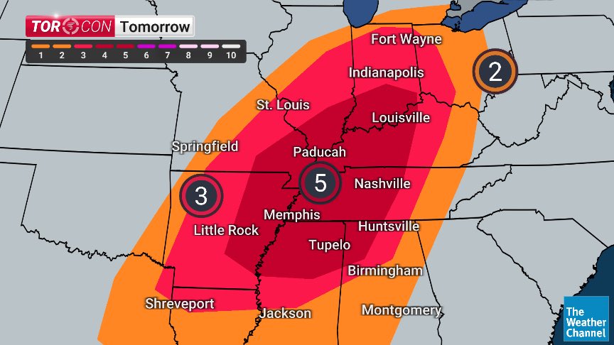 CharlesPeekWX's tweet photo. A stretch of severe weather possibilities starts tonight (Sat) and ramps up tomorrow into next week with all risks possible. Sunday’s risk area with TorCons up to a 5 at this point for some of the same areas hit hard with deadly tornadoes 2 weeks ago. Stay tuned to @weatherchannel as we keep you informed about the weather in your area.