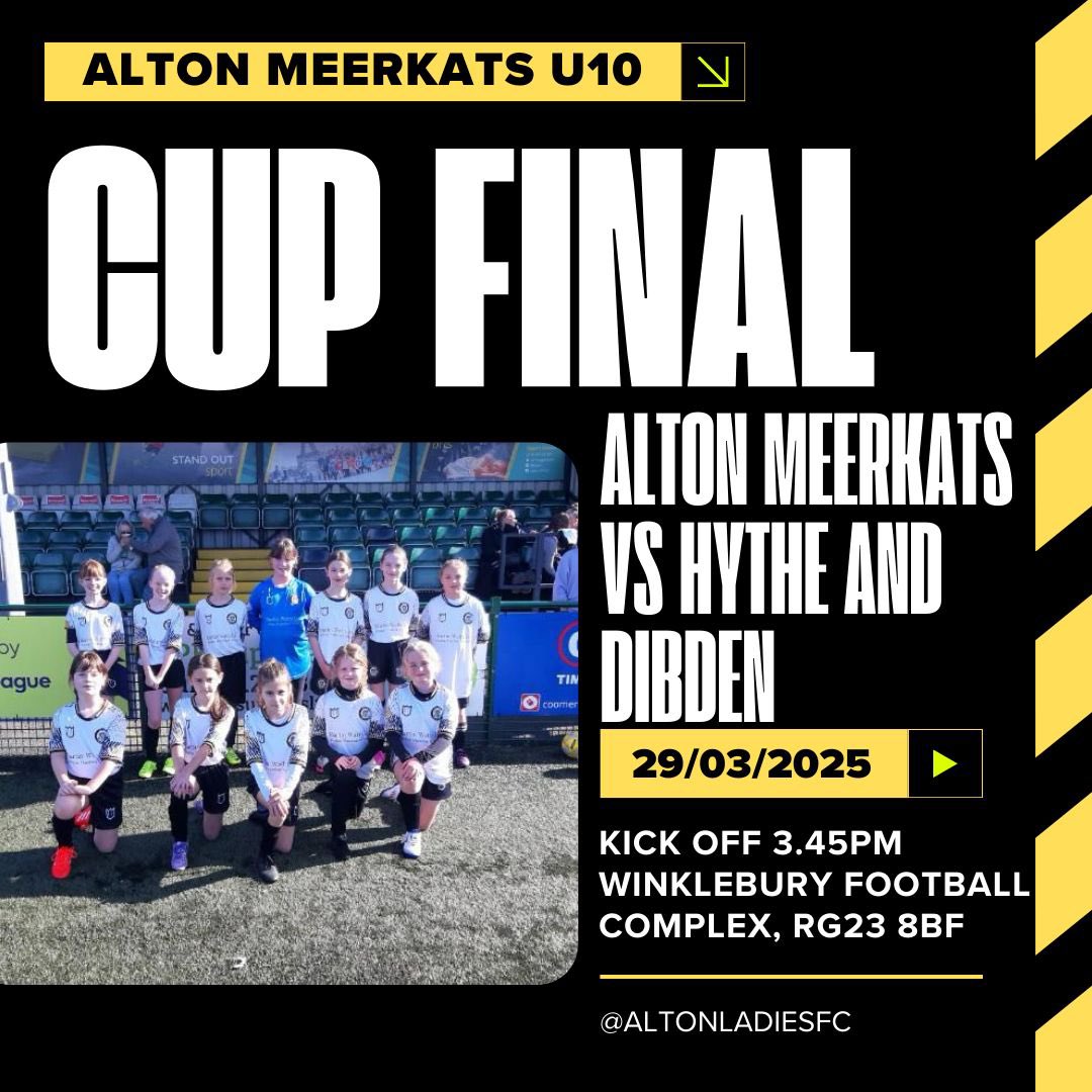 🏆 Alton Meercats Cup Final Game 🏆

The under 10s Meerkats have their cup final today at Winklebury Basingstoke.

📆 Saturday 29th March 2025
🆚 Hythe &amp; Dibden
🏆 Cup Final
🕦 3.45pm KO 
🏟 Winklebury Football Complex 
📍 RG23 8BF