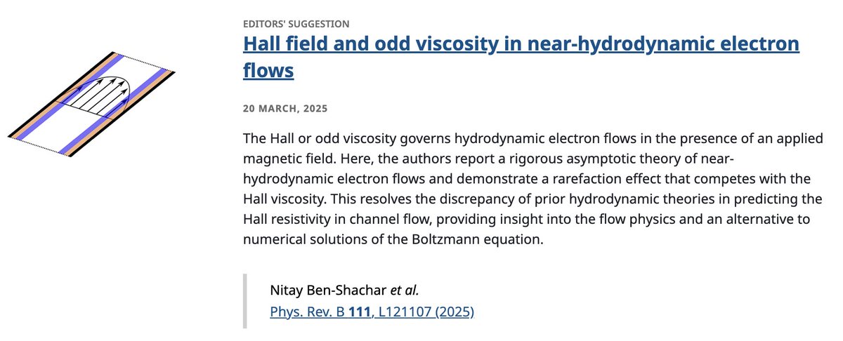 PhysRevB's tweet image. PRB Editors' Suggestion: Hall field and odd viscosity in near-#hydrodynamic #electron flows

N. Ben-Shachar, J. T. Johnson, M. Madadi, D. R. Brumley, J. Nassios, and J. E. Sader
Phys. Rev. B 111, L121107

➡️ go.aps.org/4hr0rhA
#PRBLetter #EdSugg @APSPhysics #condmat #physics