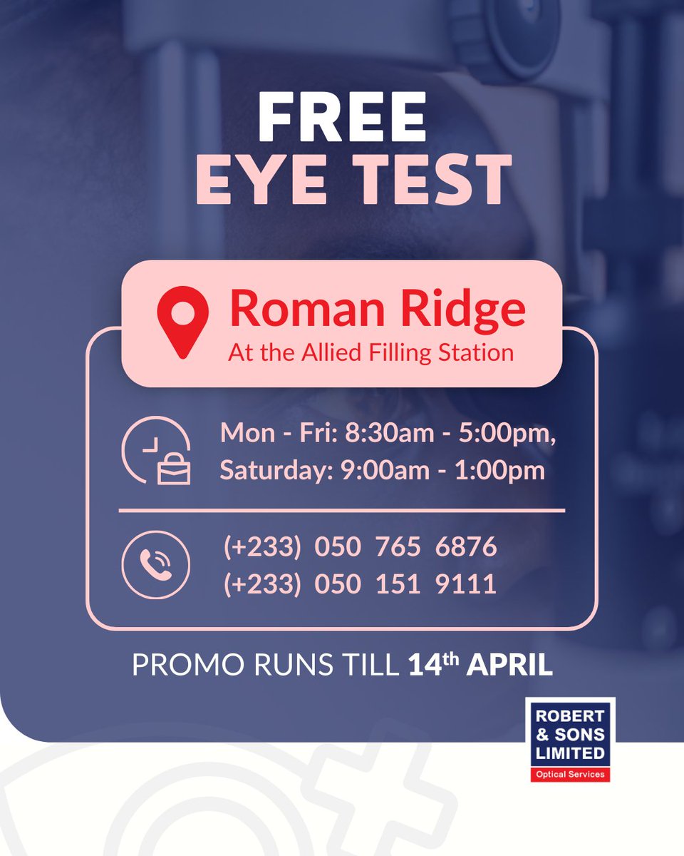 Robertnsonsltd's tweet image. 👀 Get a FREE comprehensive eye test at Robert &amp;amp; Sons Limited’s Roman Ridge branch! Don’t miss this chance to check your vision at no cost. Offer runs till April 14th—visit us today! 👓✨

📍 Location: Allied Filling Station, Roman Ridge
#FreeEyeTest #RobertAndSons