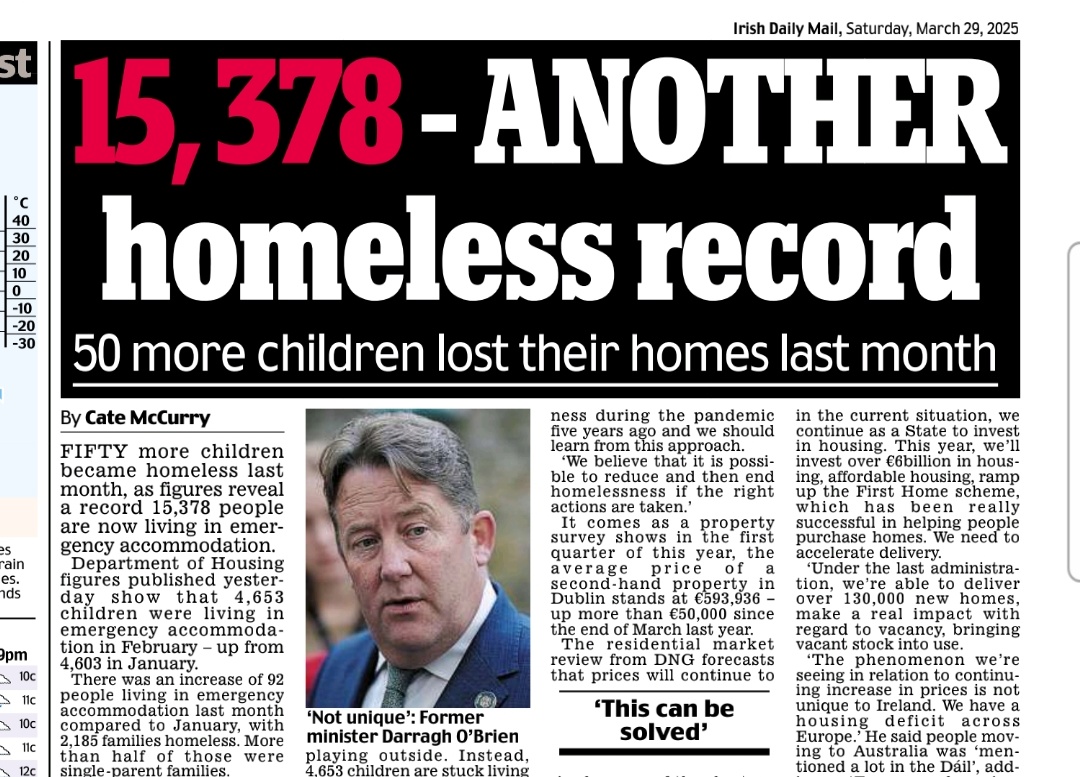 caulmick's tweet photo. #FFG Record Breakers
FIFTY more children became homeless last month, as figures reveal a record 15,378 people
are now living in emergency accommodation.
#HomelessCrisis #Feb25
#IrelandisBroken