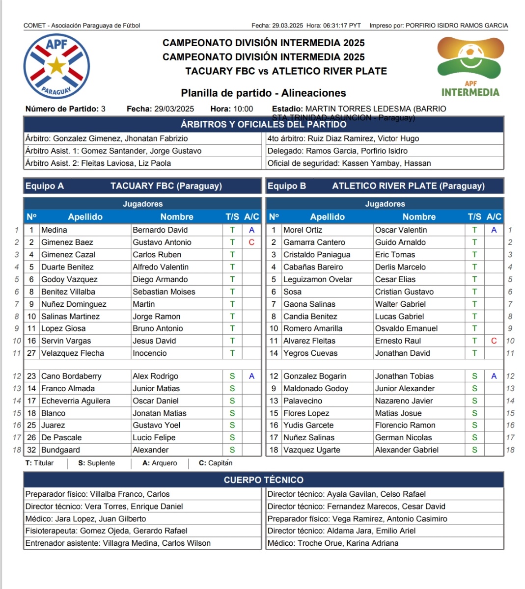 ☑️ EQUIPOS CONFIRMADOS 

<a href="/TacuaryOficial/">Tacuary FBC - Prensa</a> 🆚️ <a href="/KELITO_1911/">River Plate</a>

📌 Fecha 1
🏟 Martin Torres
🏆 <a href="/IntermediaAPF/">Intermedia APF</a>

🎖#AscensoParaTodos