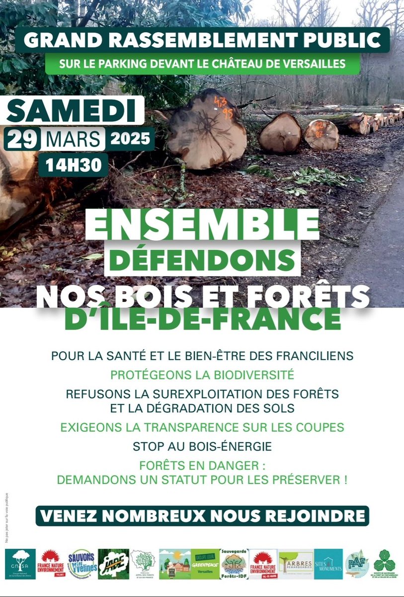 Protection Arbres &amp; Faune vous donne rendez-vous à 14h30 à Versailles pour alerter sur la surexploitation des forêts d'Ile-de-France.
Rejoignez-nous !