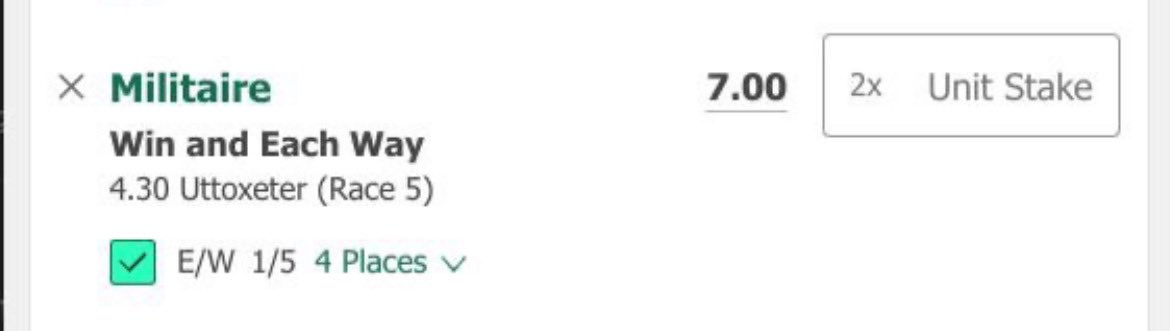 FREE PREMIUM TIP ⭐️ 

Uttoxeter 16:30 - Militaire @ 7.00 (E/W)

Bet365 - 4 Places

Like if you’re on! ❤️