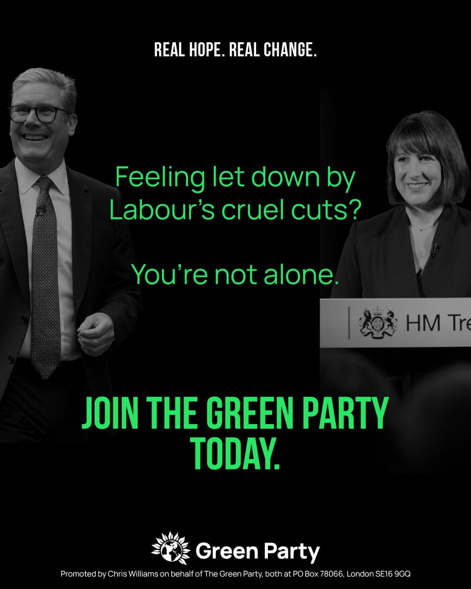 Labour have let the country down. But there is a credible alternative to the tired old parties - the Green Party.
 
Join us in standing up to Labour's cruel cuts by becoming a member of the Green Party today ⤵️