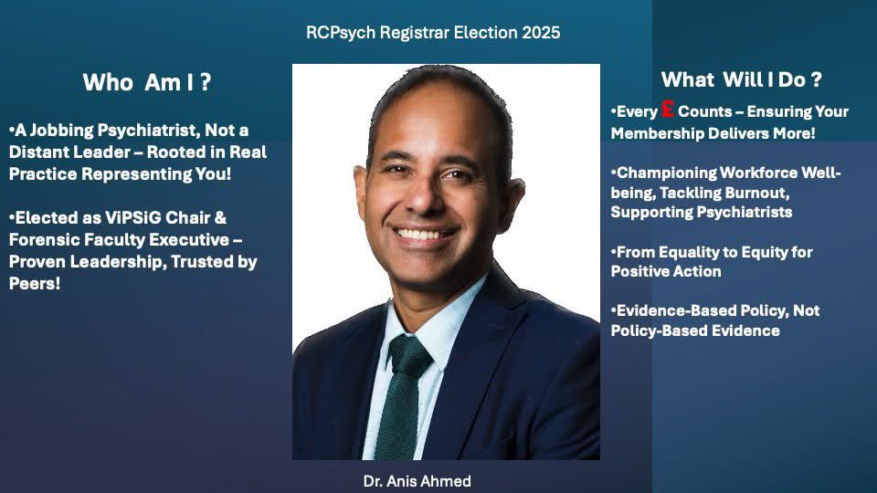 Dr ⚕️Anis Ahmed 🌹 💙 (@ani5ahmed) on Twitter photo Less than 30% vote in RCPsych elections—most miss out! The Registrar role shapes membership values , support & policy. 6 great candidates running & vote by 3 April midday. Make your voice count <a href="/DrNandiniC/">NANDINI CHAKRABORTY</a> <a href="/sfarooqlrh/">Saeed Farooq</a> <a href="/FemiMind/">Femi Oyebode</a> <a href="/vmsmathews/">Sandeep Mathews</a> <a href="/rcpsychWM/">RCPsych West Midlands</a> <a href="/Fabida3/">Dr Fabida Aria</a> <a href="/raj_psyc/">🌈 Rajesh Mohan</a> <a href="/DrKhan_do/">Dr Nagina Khan</a> Less than 30% vote in RCPsych elections—most miss out! The Registrar role shapes membership values , support & policy. 6 great candidates running & vote by 3 April midday. Make your voice count <a href="/DrNandiniC/">NANDINI CHAKRABORTY</a> <a href="/sfarooqlrh/">Saeed Farooq</a> <a href="/FemiMind/">Femi Oyebode</a> <a href="/vmsmathews/">Sandeep Mathews</a> <a href="/rcpsychWM/">RCPsych West Midlands</a> <a href="/Fabida3/">Dr Fabida Aria</a> <a href="/raj_psyc/">🌈 Rajesh Mohan</a> <a href="/DrKhan_do/">Dr Nagina Khan</a>