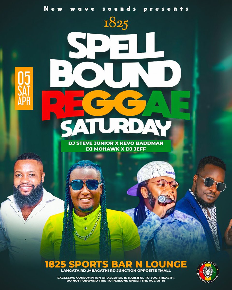 SATURDAY 5th APRIL From 4.pm (next Saturday) Join us at the newest lounge along langata road 1825 sports bar for Saturday reggae night ,  powered by new wave sounds . Spread the word