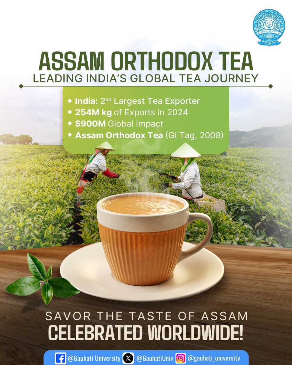 GauhatiUniv's tweet photo. Steeped in Success! 

A brew-tiful blend of Assam’s tradition and triumph – India pours ahead!

India spills over Sri Lanka to become the 2nd largest tea exporter in the world.

#ChaiMeraIndia #Assamtea #TasteOfAssam #GlobalSip https://t.co/ZQ2scBk2aD