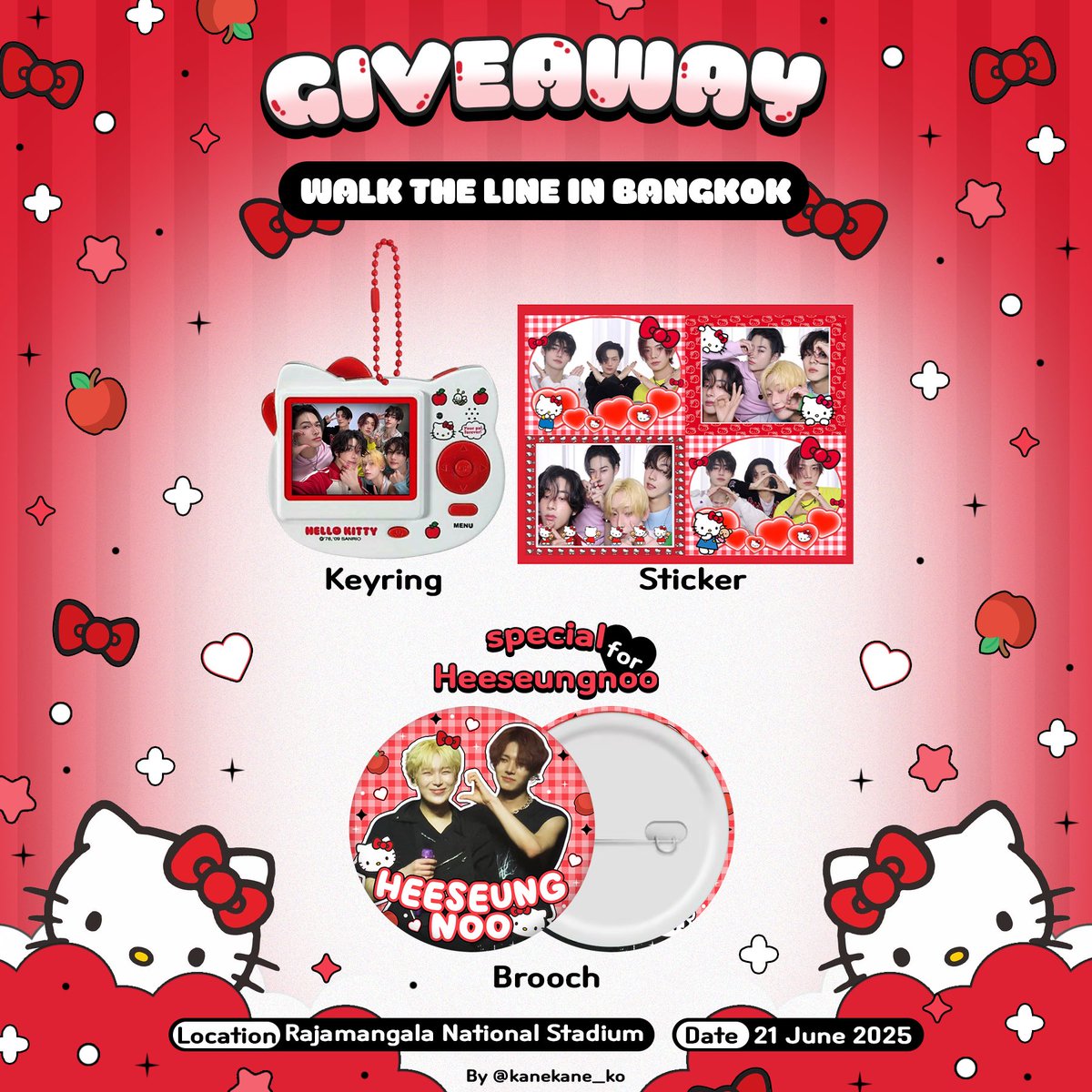 ꒰ pls kindly rt ꒱
𐙚Giveaway for Thai Engene♡

☆ Keyring+Sticker 40 set

🪄♡ྀི Special for Heeseungnoo ೀ🪽
                   ʚ Brooch 40 ea ɞ 

Location : Rajamangala National Stadium
Data : 21 June 2025

#WALKTHELINE_IN_BANGKOK
#WALKTHELINE_IN_BKK