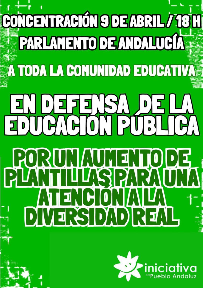 En defensa de nuestra #educaciónpública nos vemos el 9 de abril frente al Parlamento.

Toda la comunidad educativa reclama alto y claro:
❗️Aumento de plantillas para la atención a la diversidad❗️