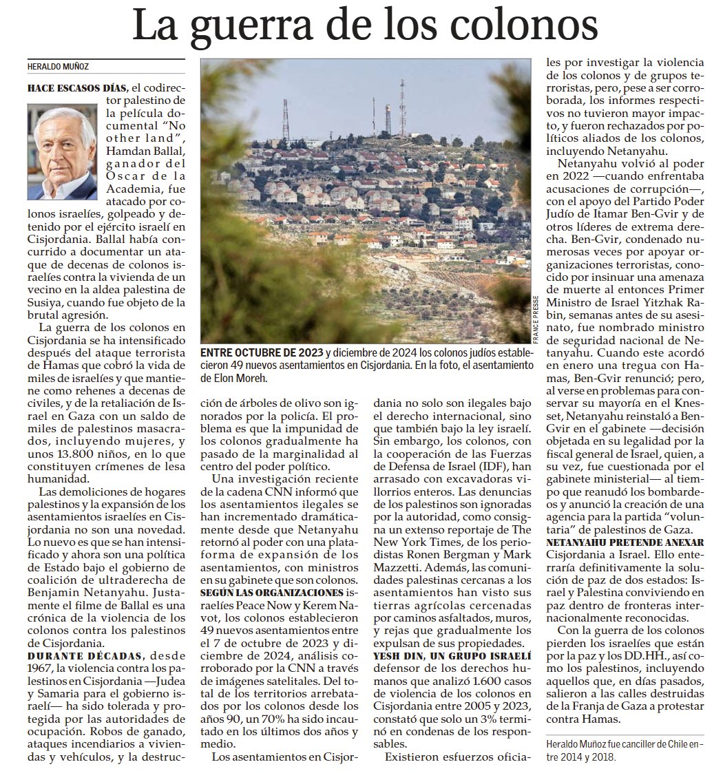 La expansión de los asentamientos ilegales, respaldada por Netanyahu, y la violencia de los colonos en la Cisjordania, violan el derecho internacional, amenazan las posibilidades de la paz, y separan más a israelies y palestinos. Les comparto mi columna al respecto
