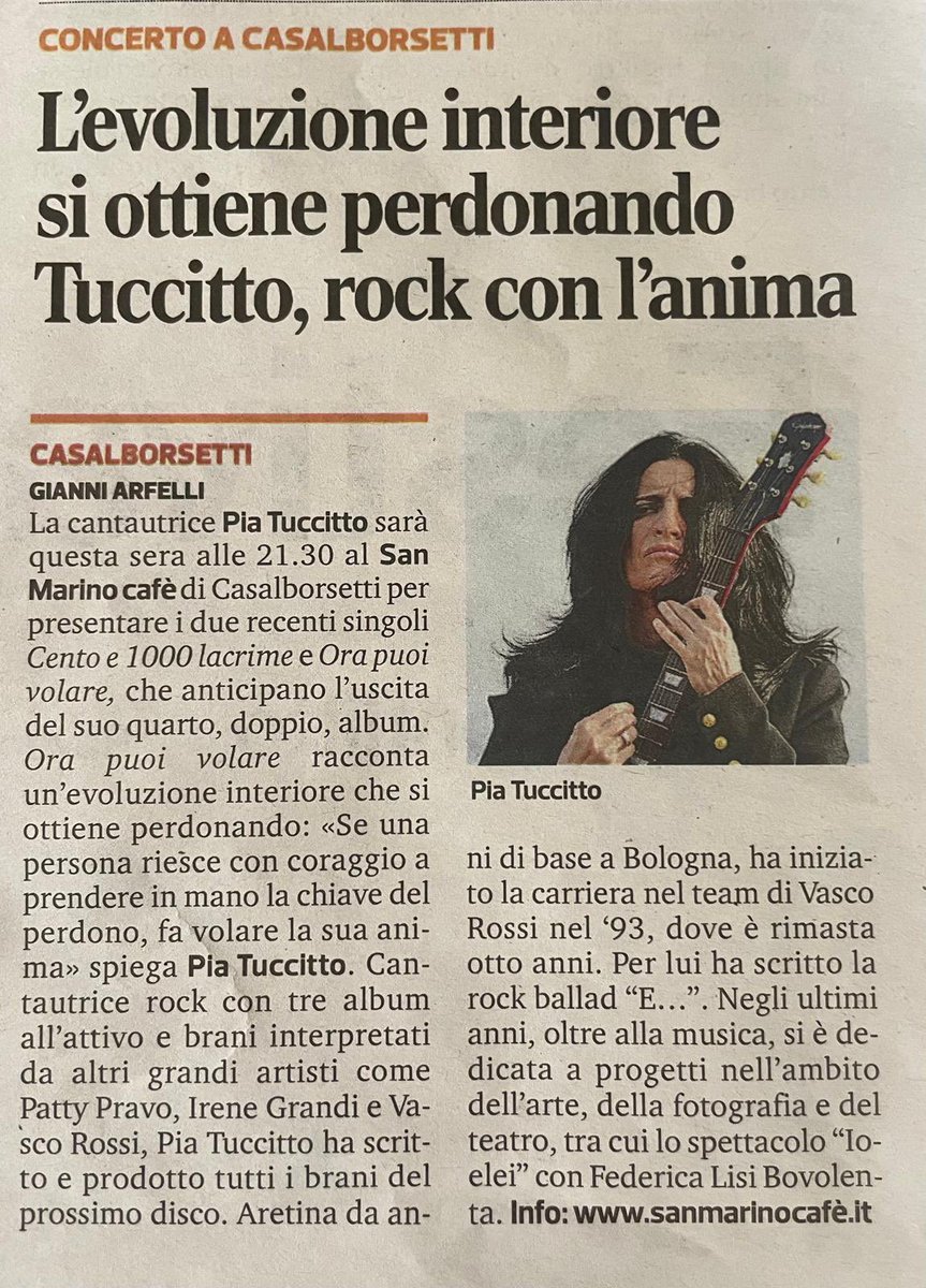 Grazie al Corriere Romagna per la bella presentazione… ci vediamo stasera! 🎸❤️
🎫 sanmarimocafe.it