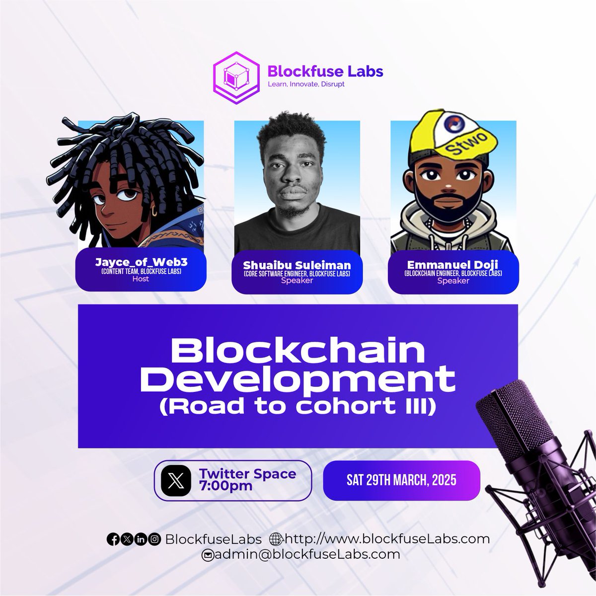 SPACE TIME!

BlockfuseLabs is hosting an upcoming Space that you won’t want to miss. 

This session will explore key opportunities in Web3 and highlight pathways to build expertise in blockchain. 

Attendees will also learn about exclusive enrollment opportunities for blockchain