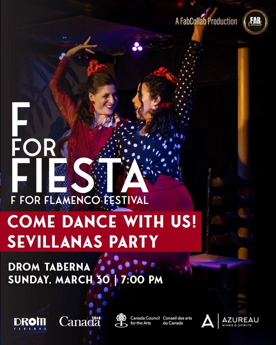 It all begins tomorrow with F FOR FIESTA - Sun, MARCH 30 🎉

🎟️ Tickets here fabcollab.ca/flamencofest for F FOR FLAMENCO: MARCH 30-APRIL 6 

Come dance with us! TOMORROW! 
Stay after the show for a Sevillanas Party! 
Drom Taberna
7pm-8pm

🎟️FABCOLLAB10 for 10% off
#fabcollab