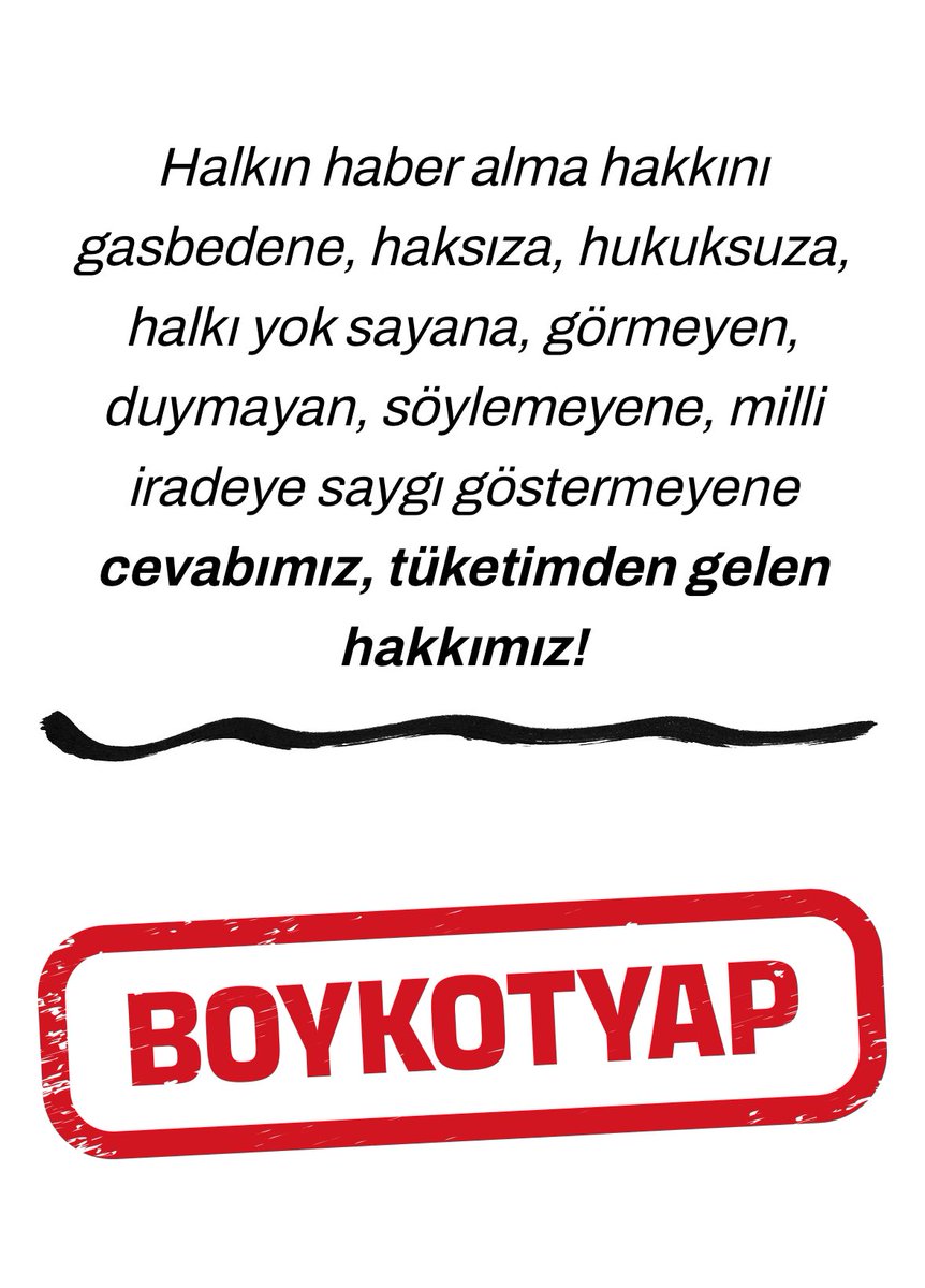Bizim vergilerimizle bize ihanet eden TRT‘yi asla ve asla bir daha açmıyoruz.

CNN Türk, TGRT, A Haber, Beyaz TV, Demirören ve Turkuaz‘ın medyalarını asla ve asla açmıyoruz.

Firmalar, eğer biz buralarda reklamınızı görürsek o ürünü almayacağız.

#BOYKOT