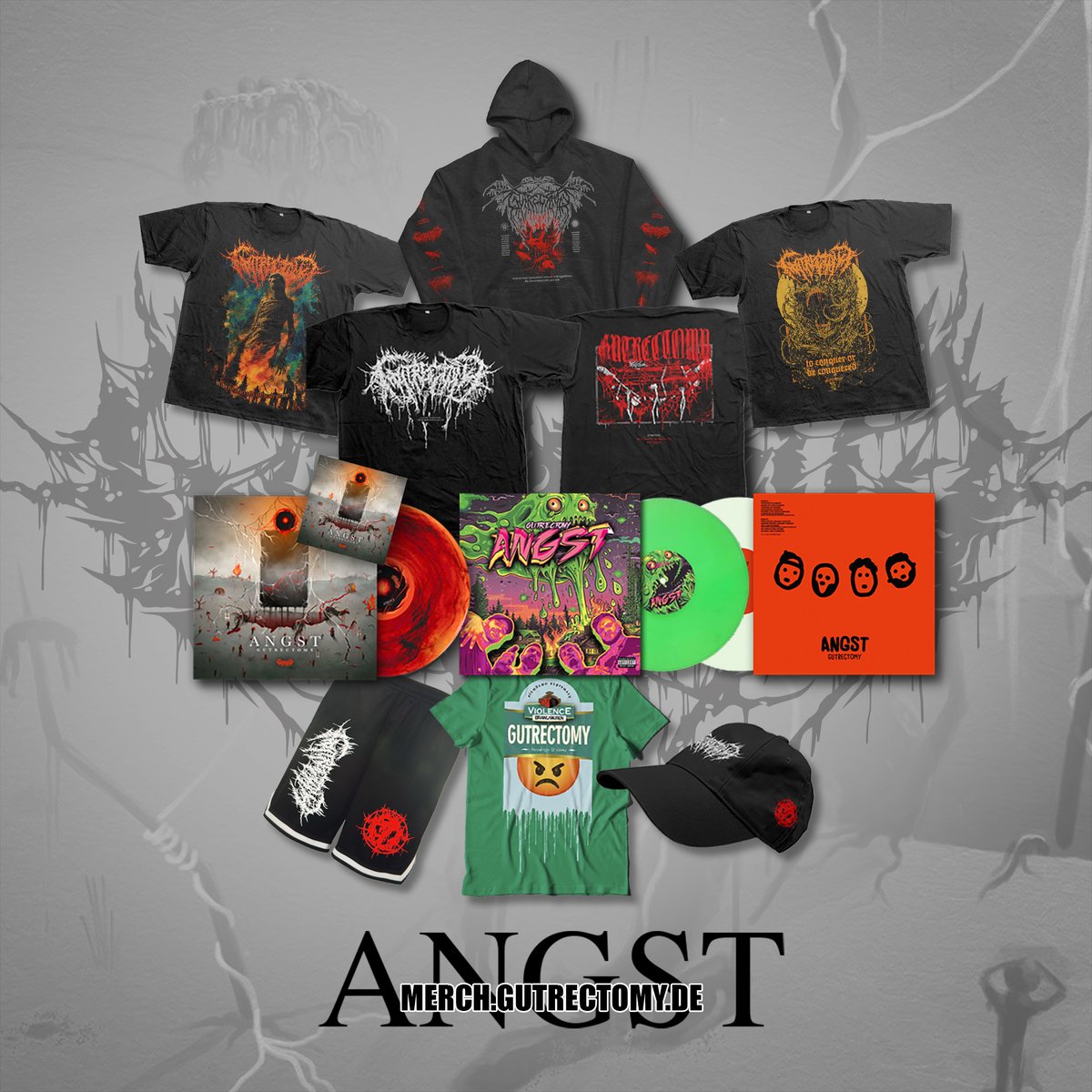 On May 16, 2025, we unleash our third full-length album, ANGST, via Reality Fade and Blood Blast Distribution.
Pre-order physical CDs, two vinyl editions, and exclusive new merch NOW at merch.gutrectomy.de, or get the digital version at gutrectomy.bandcamp.com.