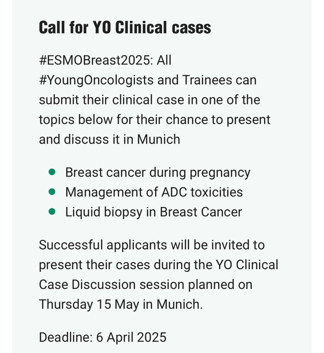 Rodrigo Sánchez-Bayona (@rodrosb) on Twitter photo 📣To all breast Young Oncologists!
Our Clinical Case discussion is open for submission now! Don’t miss the opportunity to present your clinical case and discuss with experts in person.
<a href="/myESMO/">ESMO - Eur. Oncology</a> <a href="/matteolambe/">Matteo Lambertini, MD PhD</a> <a href="/PabloMando/">Pablo Mando</a> 📣To all breast Young Oncologists!
Our Clinical Case discussion is open for submission now! Don’t miss the opportunity to present your clinical case and discuss with experts in person.
<a href="/myESMO/">ESMO - Eur. Oncology</a> <a href="/matteolambe/">Matteo Lambertini, MD PhD</a> <a href="/PabloMando/">Pablo Mando</a>